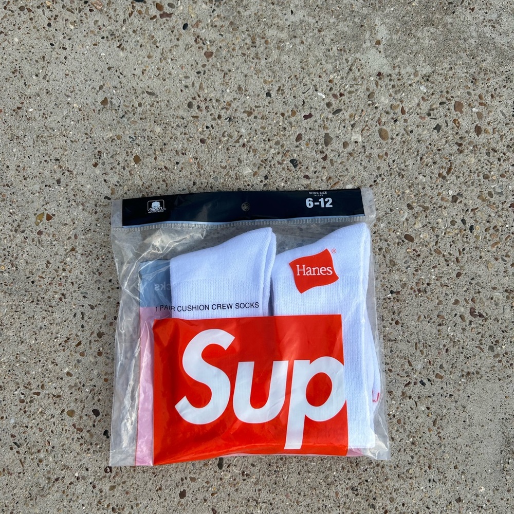 Hanes White Crew Socks with Red Logo